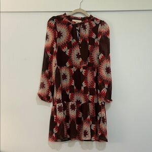 LOFT Long Sleeve Dress - Red and Brown Geometric